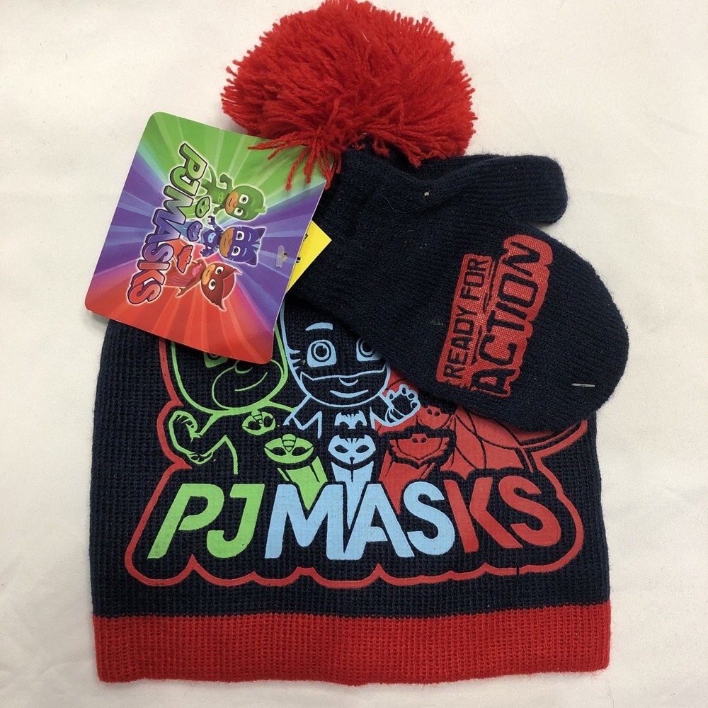 PJ Masks Kid Beanie Hat Blue Red Pom Pom Knit 2 Piece Gloves Multicolor New